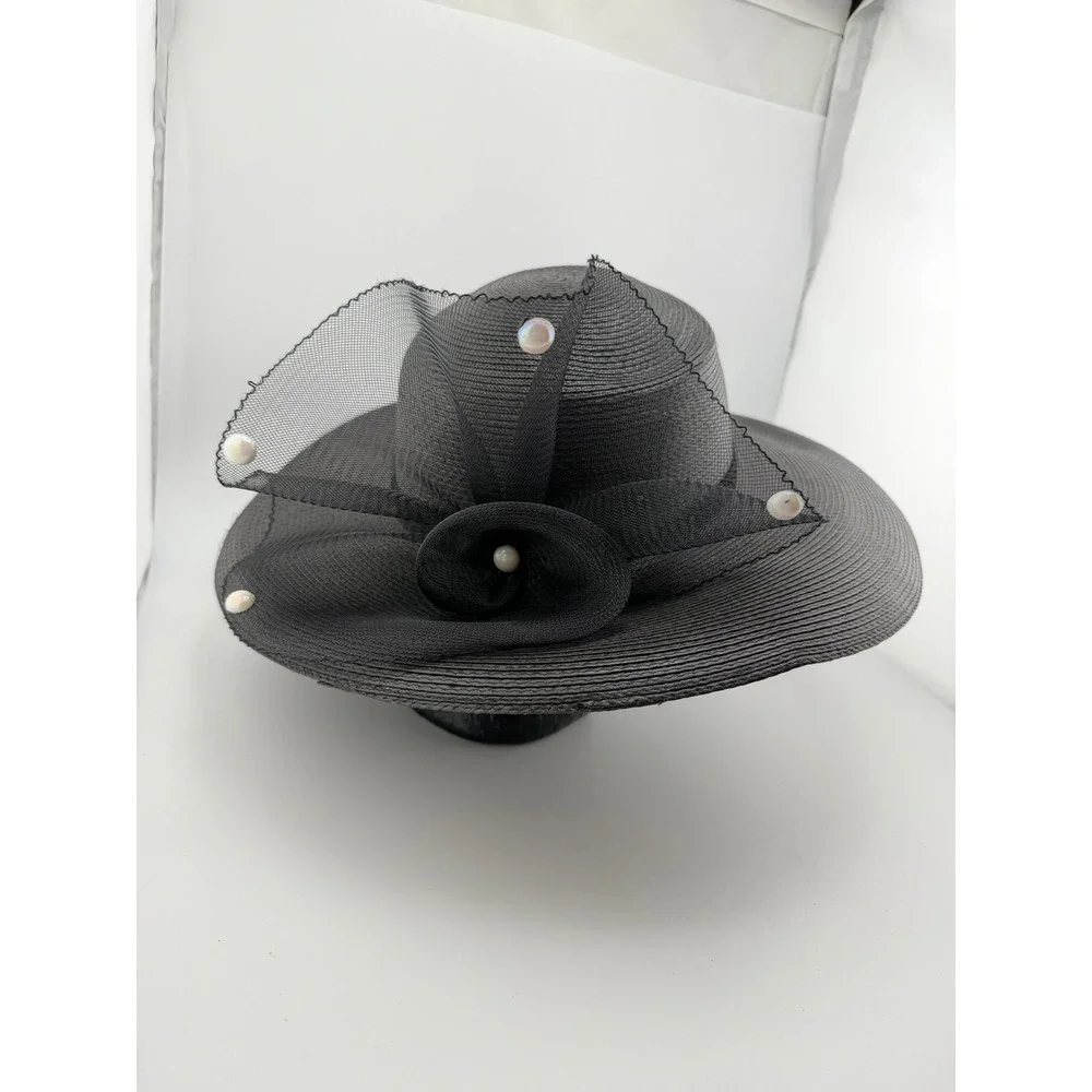 Vintage Black Straw Wide Brim Church Hat Mesh Bow Faux Pearl Derby Wedding Hat